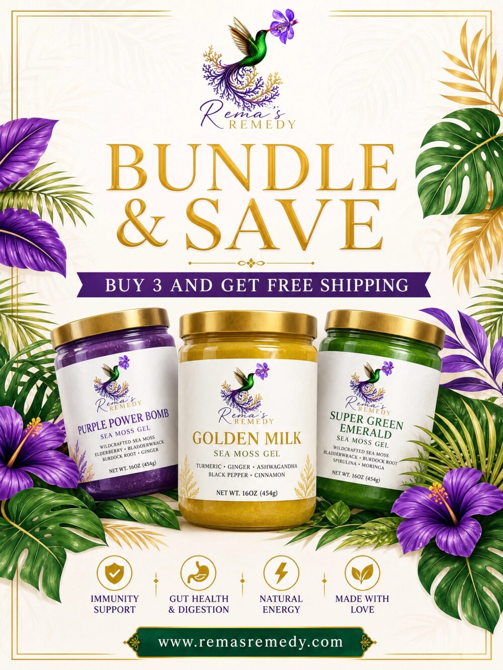 The full Rema's Remedy sea moss gel lineup